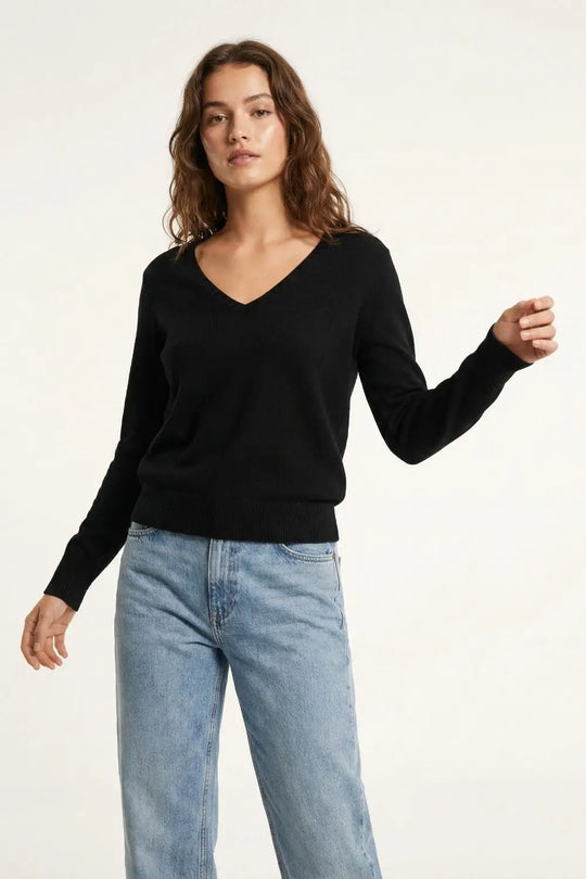Fine Knit V-Neck Sweater with Decorative Neckline Detail in black color - BLACK / ONE - Sweaters