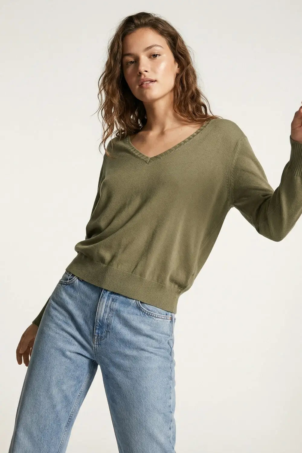 Fine Knit V-Neck Sweater with Decorative Neckline Detail in khaki color - KHAKI / ONE - Sweaters