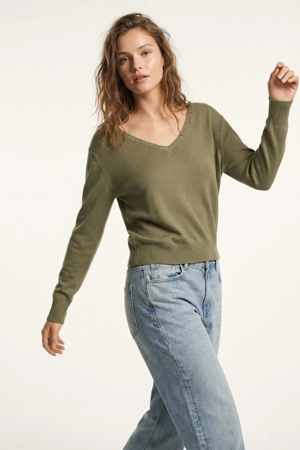 Fine Knit V-Neck Sweater with Decorative Neckline Detail in khaki color - KHAKI / ONE - Sweaters