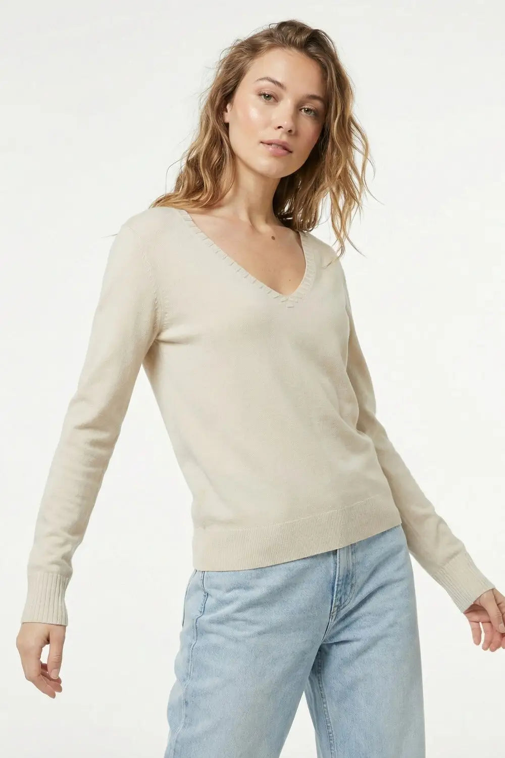 Fine Knit V-Neck Sweater with Decorative Neckline Detail in beige color - BEIGE / ONE - Sweaters