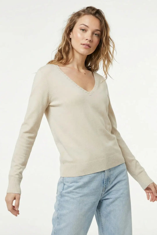 Fine Knit V-Neck Sweater with Decorative Neckline Detail in beige color - BEIGE / ONE - Sweaters