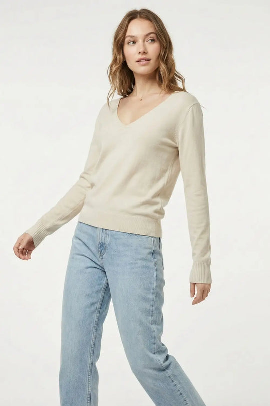 Fine Knit V-Neck Sweater with Decorative Neckline Detail in beige color - BEIGE / ONE - Sweaters