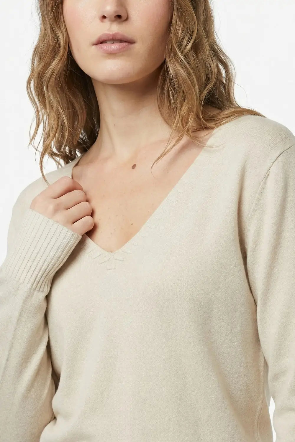 Fine Knit V-Neck Sweater with Decorative Neckline Detail in beige color - BEIGE / ONE - Sweaters