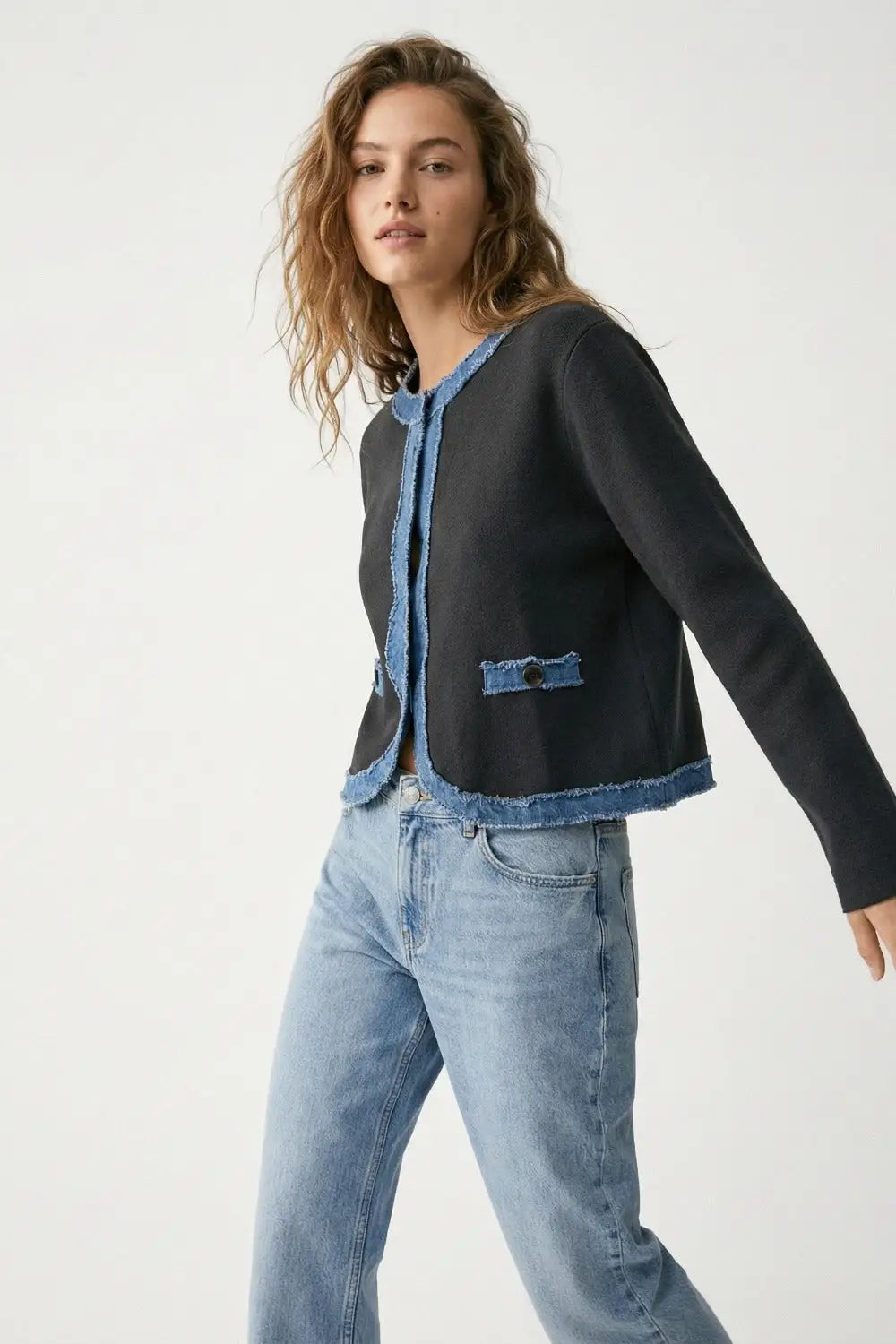 Black knitted cardigan with Denim Trim Detail - BLACK / ONE - Cardigans
