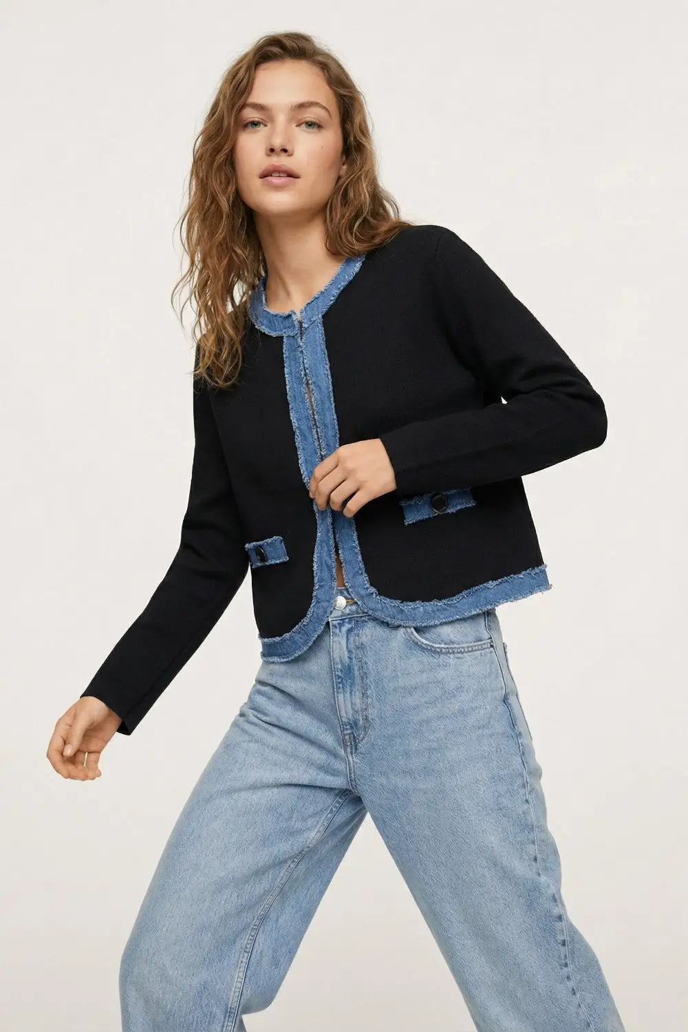 Black knitted cardigan with Denim Trim Detail - BLACK / ONE - Cardigans
