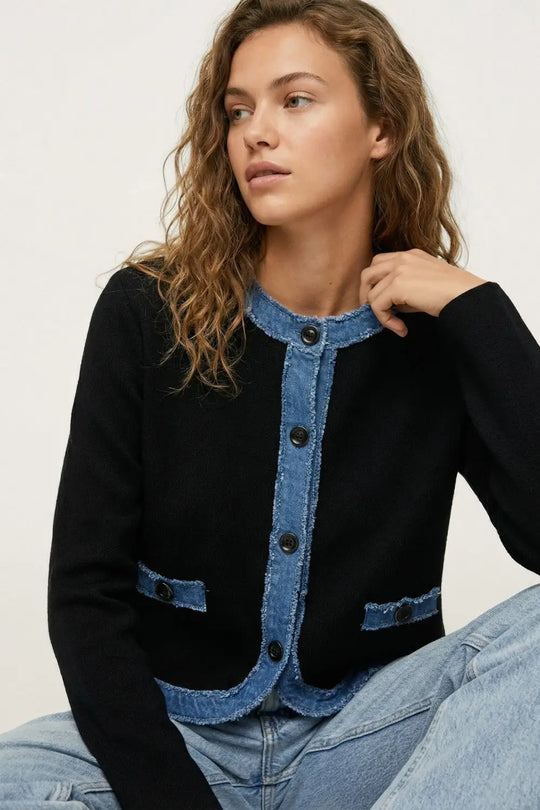 Black knitted cardigan with Denim Trim Detail - BLACK / ONE - Cardigans
