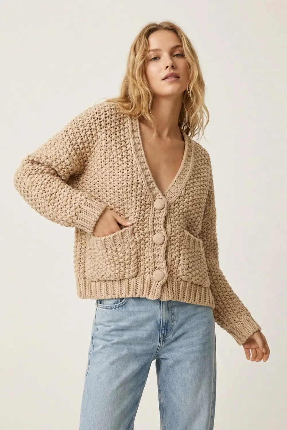 Oversized chunky knit jacket with pockets in dark beige - BEIGE / ONE - Cardigans