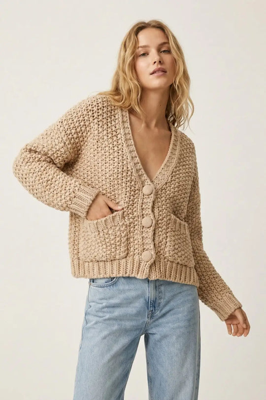 Oversized chunky knit jacket with pockets in dark beige - BEIGE / ONE - Cardigans