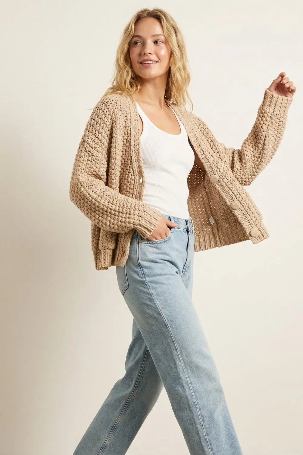 Oversized chunky knit jacket with pockets in dark beige - BEIGE / ONE - Cardigans