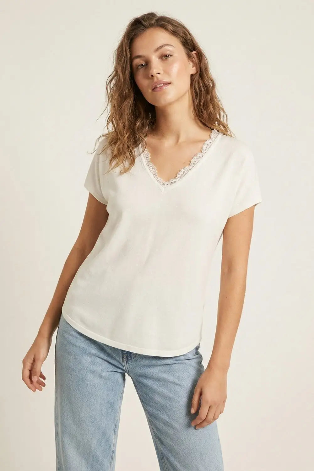 Fine and soft knit sweater with V-neck and lace trim in white - WHITE / ONE - Sweaters