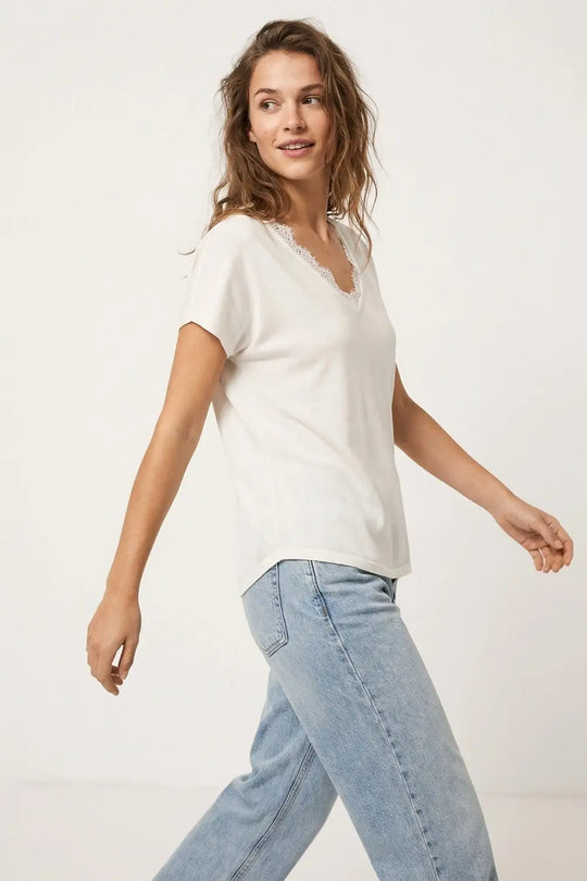 Fine and soft knit sweater with V-neck and lace trim in white - WHITE / ONE - Sweaters