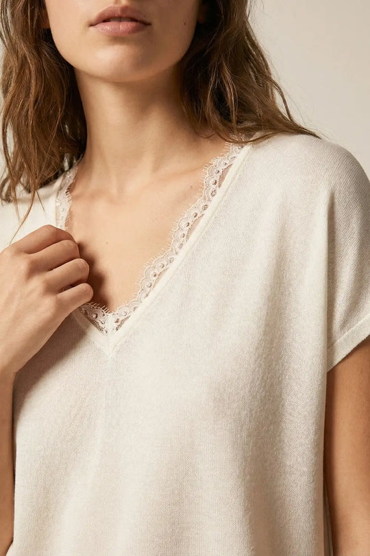 Fine and soft knit sweater with V-neck and lace trim in white - WHITE / ONE - Sweaters