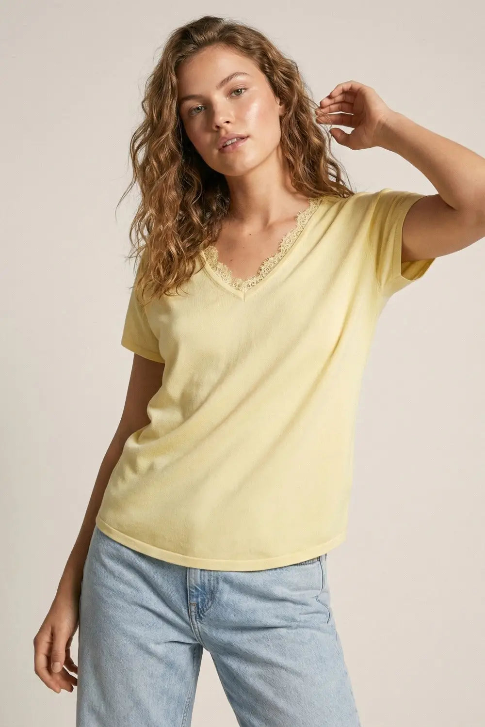 Fine and soft knit sweater with V-neck and lace trim in yellow - YELLOW / ONE - Sweaters