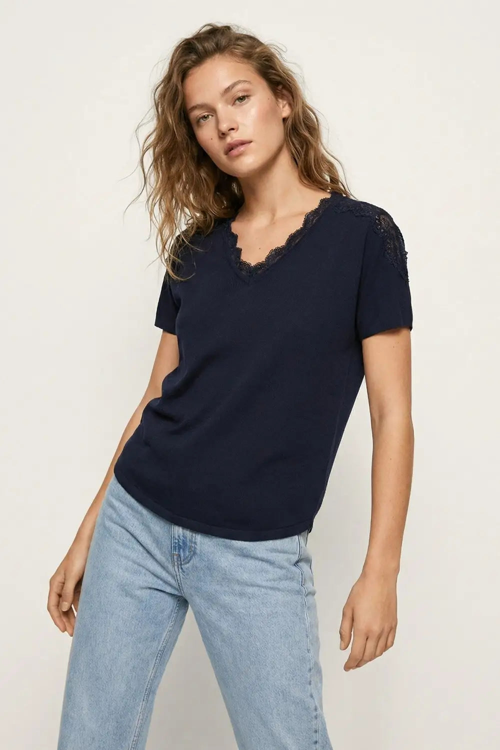Fine and soft knit sweater with V-neck and lace trim in navy - NAVY / ONE - Sweaters