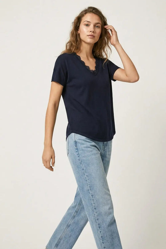 Fine and soft knit sweater with V-neck and lace trim in navy - NAVY / ONE - Sweaters