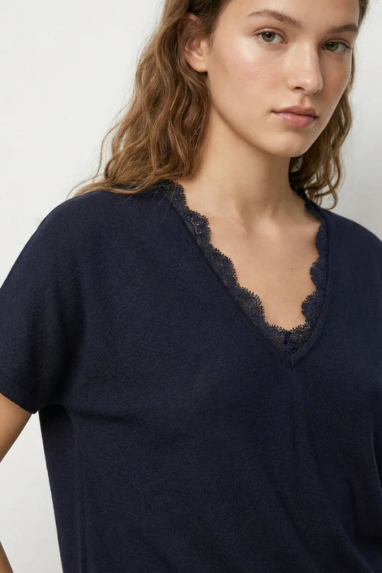 Fine and soft knit sweater with V-neck and lace trim in navy - NAVY / ONE - Sweaters