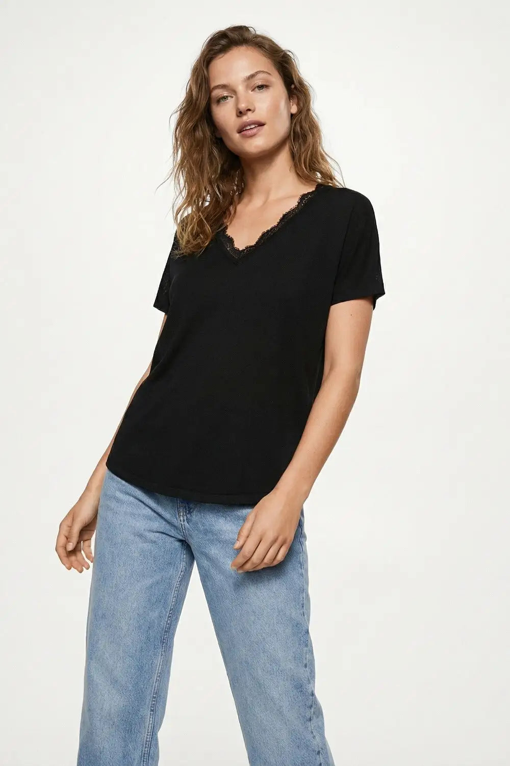 Fine and soft knit sweater with V-neck and lace trim in black - BLACK / ONE - Sweaters