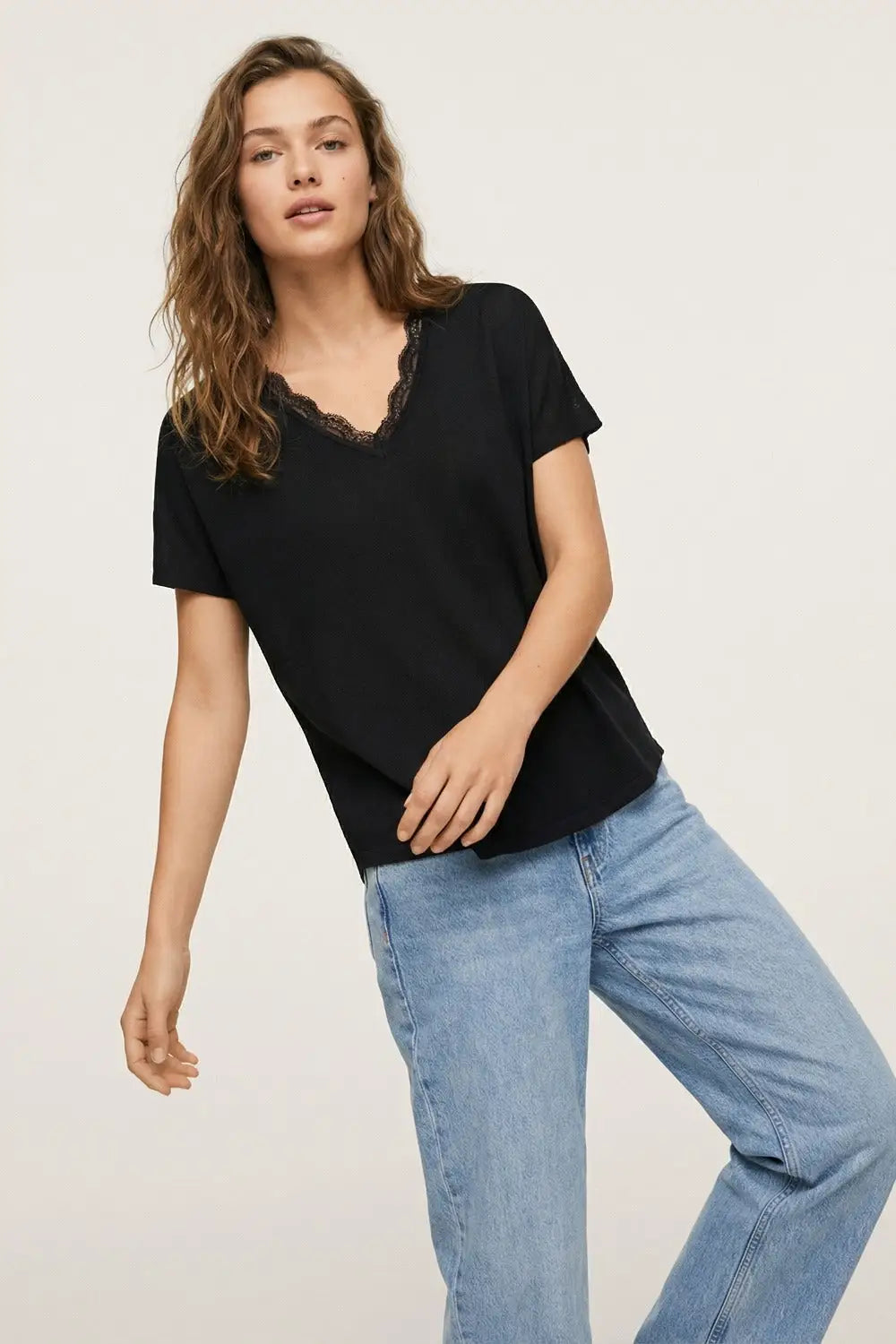 Fine and soft knit sweater with V-neck and lace trim in black - BLACK / ONE - Sweaters