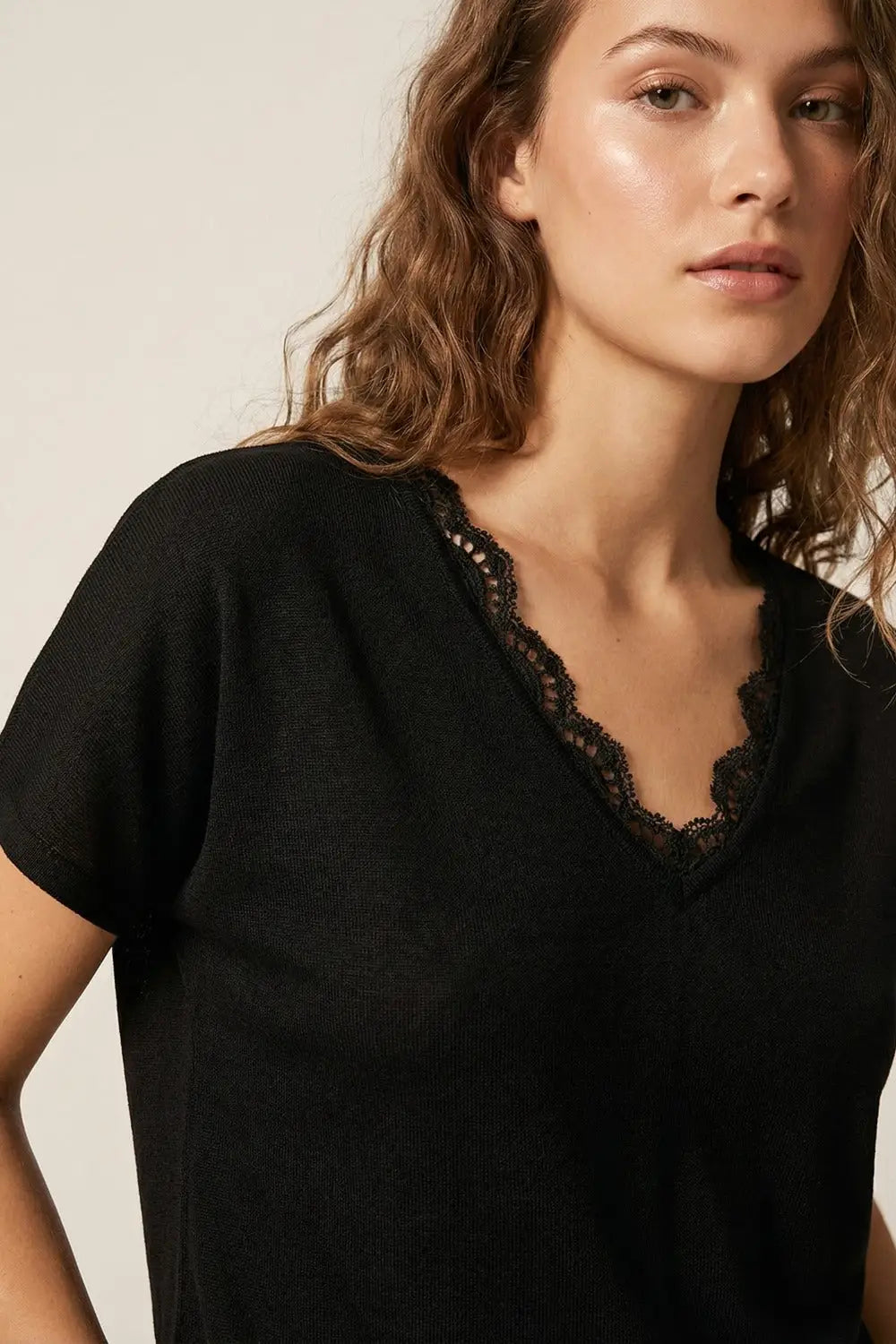 Fine and soft knit sweater with V-neck and lace trim in black - BLACK / ONE - Sweaters