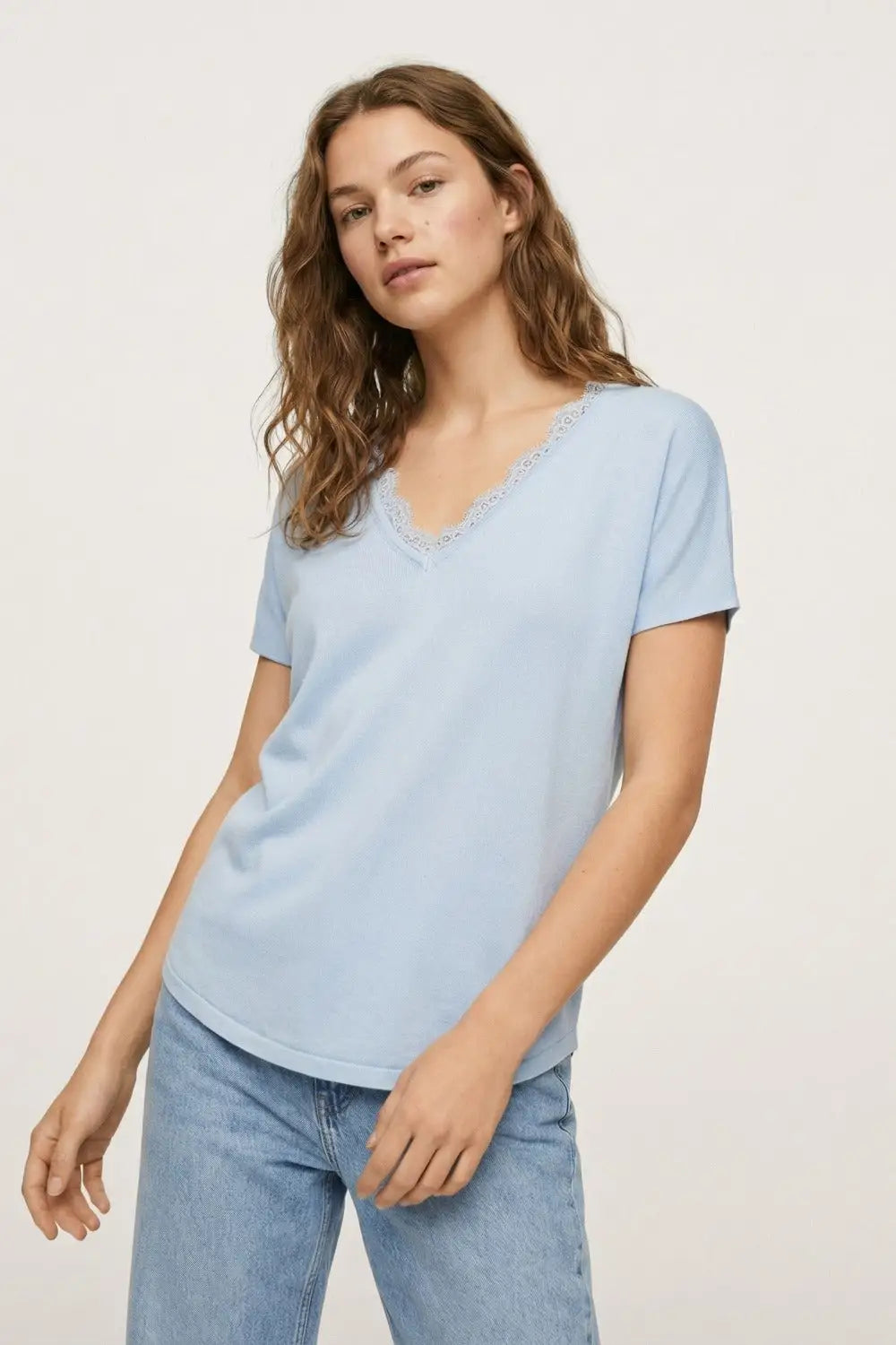 Fine and soft knit sweater with V-neck and lace trim in baby blue - BLUE / ONE - Sweaters