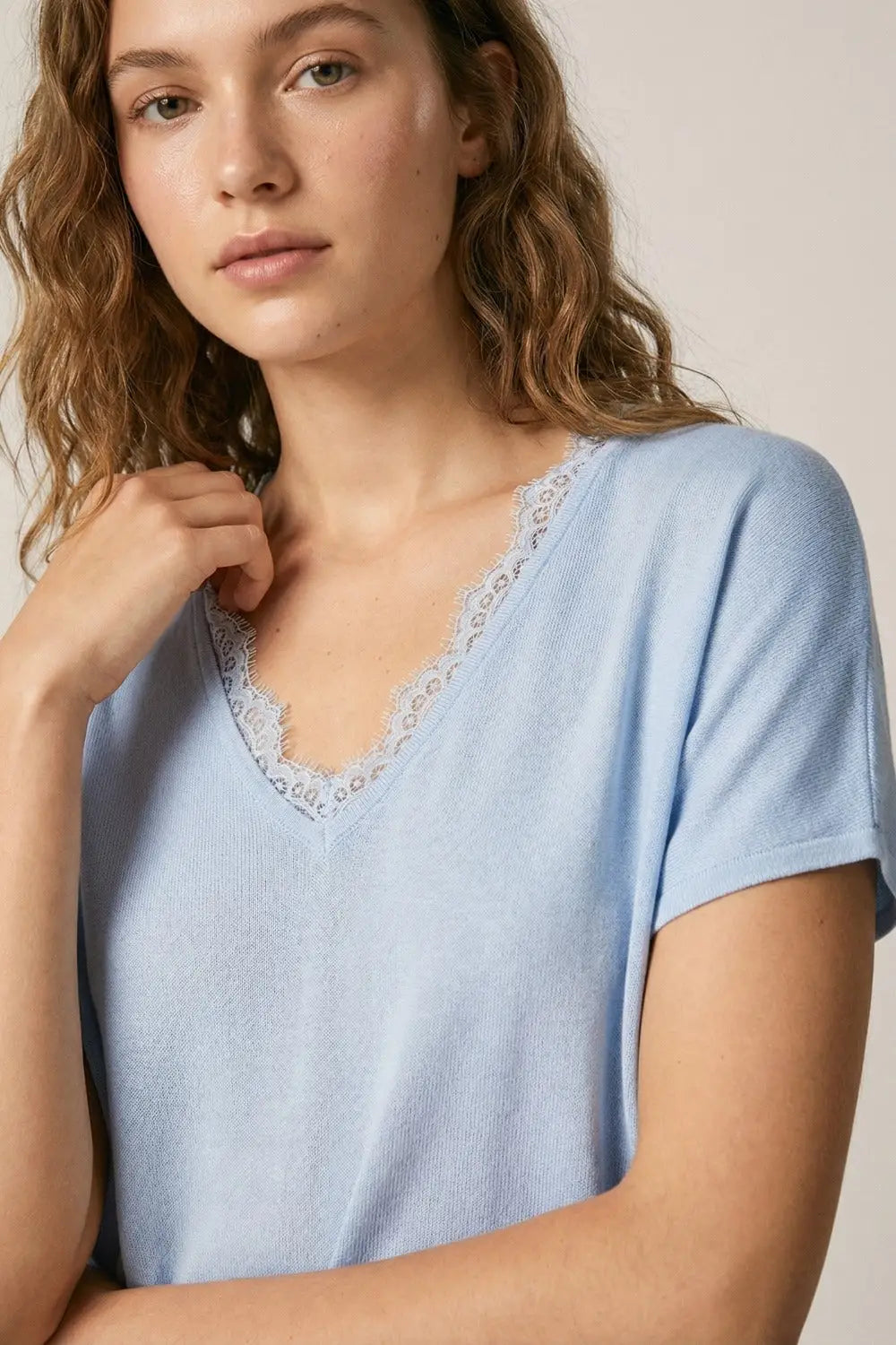Fine and soft knit sweater with V-neck and lace trim in baby blue - BLUE / ONE - Sweaters