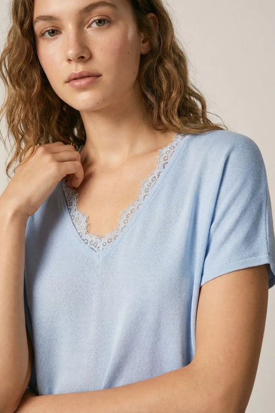 Fine and soft knit sweater with V-neck and lace trim in baby blue - BLUE / ONE - Sweaters