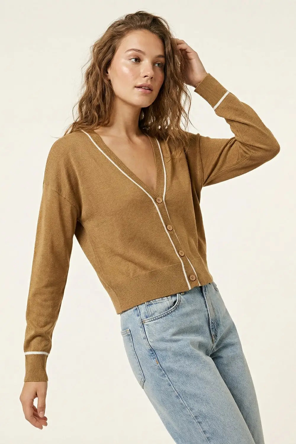 Camel Fine Knit Cardigan with Contrast Trim in white - CAMEL / ONE - Cardigans