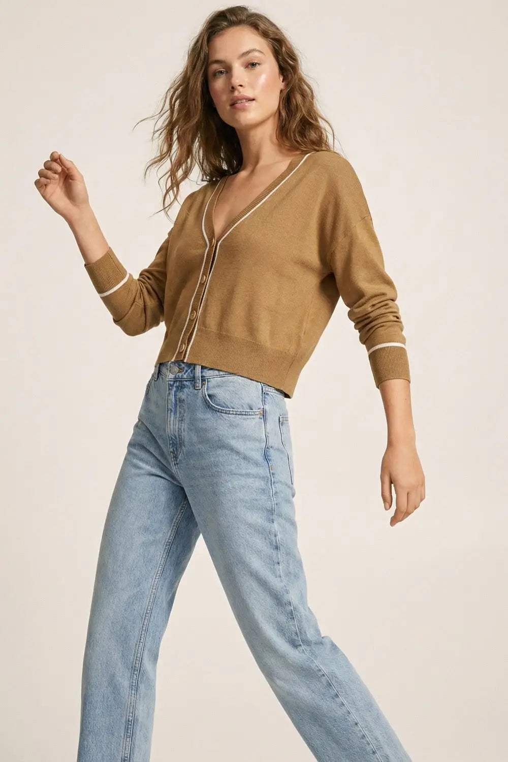 Camel Fine Knit Cardigan with Contrast Trim in white - CAMEL / ONE - Cardigans