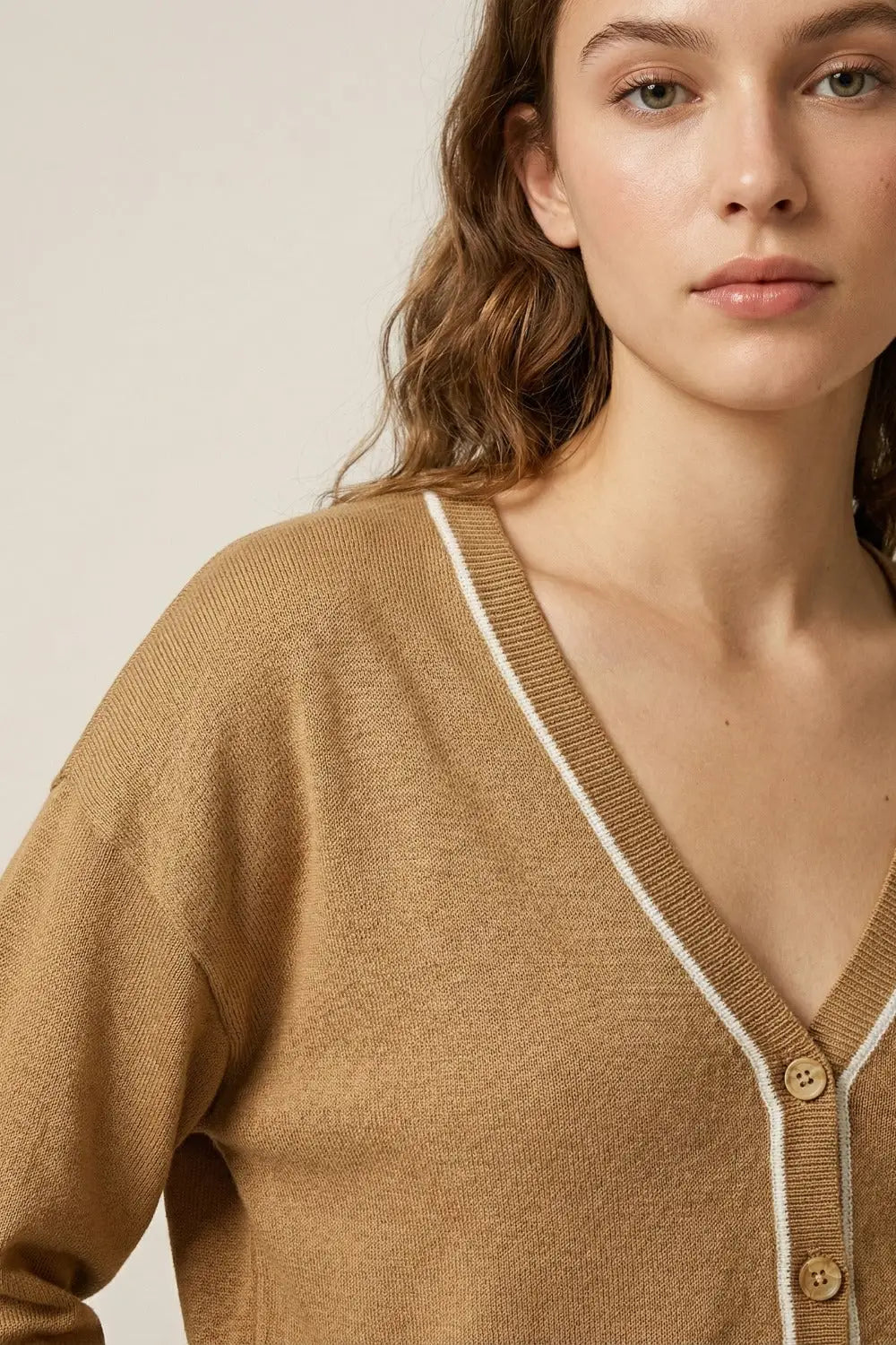 Camel Fine Knit Cardigan with Contrast Trim in white - CAMEL / ONE - Cardigans