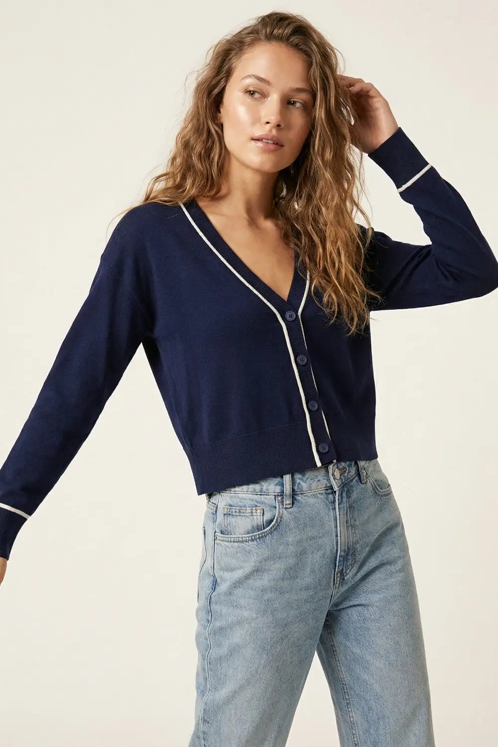 Navy Fine Knit Cardigan with Contrast Trim in white - NAVY / ONE - Cardigans