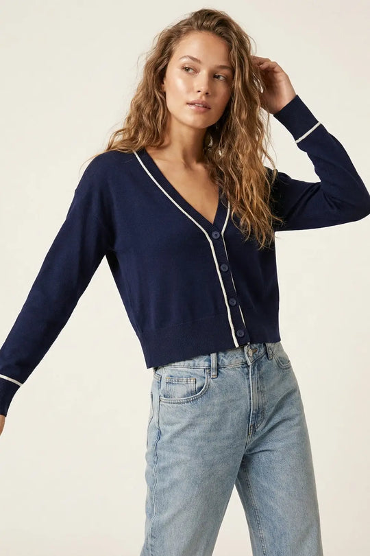 Navy Fine Knit Cardigan with Contrast Trim in white - NAVY / ONE - Cardigans