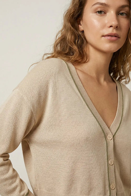 Beige Fine Knit Cardigan with Contrast Trim in brown - BEIGE / ONE - Cardigans