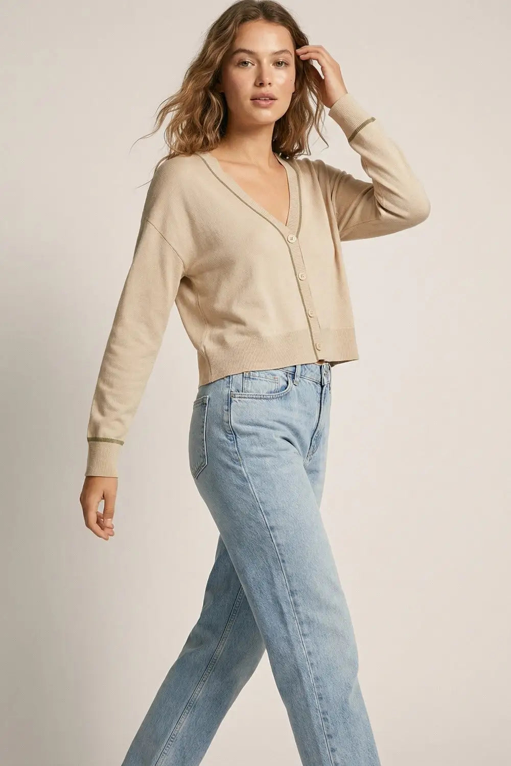 Beige Fine Knit Cardigan with Contrast Trim in brown - BEIGE / ONE - Cardigans