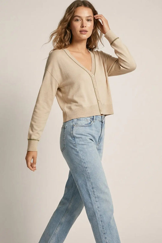 Beige Fine Knit Cardigan with Contrast Trim in brown - BEIGE / ONE - Cardigans
