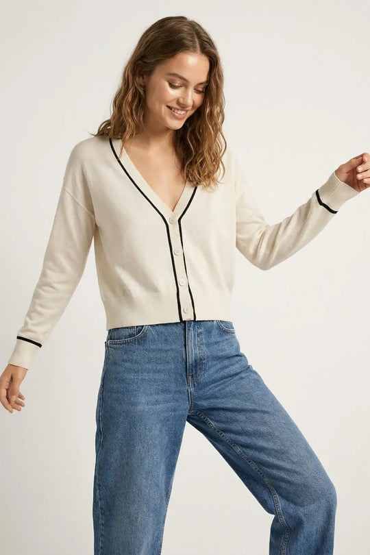 White Fine Knit Cardigan with Contrast Trim in black - WHITE / ONE - Cardigans