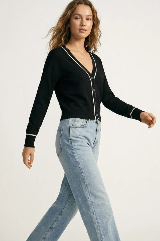 Black Fine Knit Cardigan with Contrast Trim in white - BLACK / ONE - Cardigans