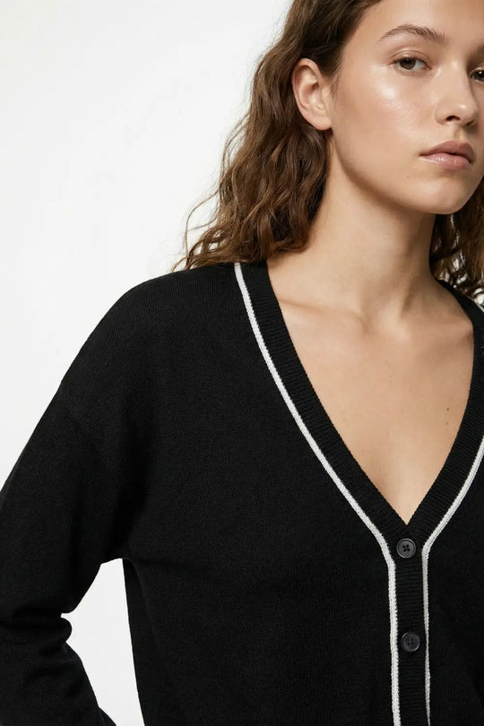 Black Fine Knit Cardigan with Contrast Trim in white - BLACK / ONE - Cardigans