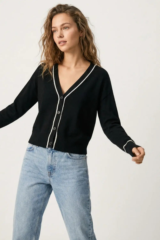 Black Fine Knit Cardigan with Contrast Trim in white - BLACK / ONE - Cardigans