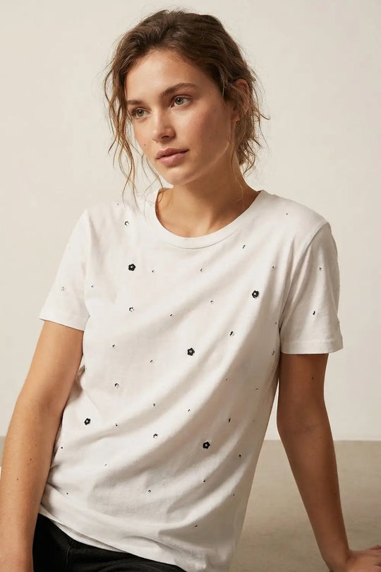 White Cotton T-Shirt Embellished with Strass Details - T-Shirts