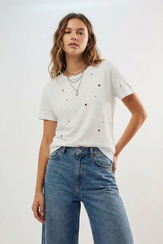White Cotton T-Shirt Embellished with Strass Details - T-Shirts