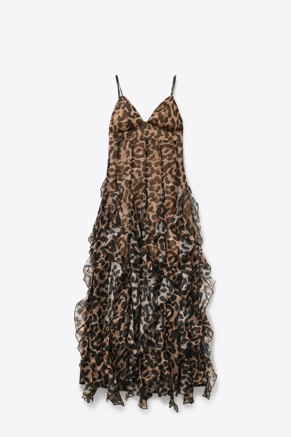 Brown Leopard Print Maxi Dress in chiffon fabric with Ruffled Hem - Dresses
