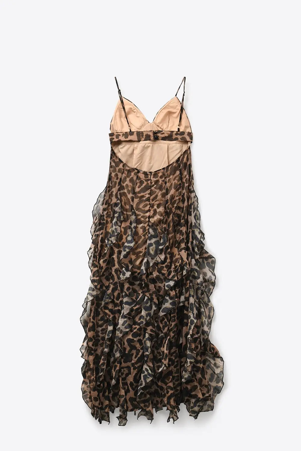 Brown Leopard Print Maxi Dress in chiffon fabric with Ruffled Hem - Dresses