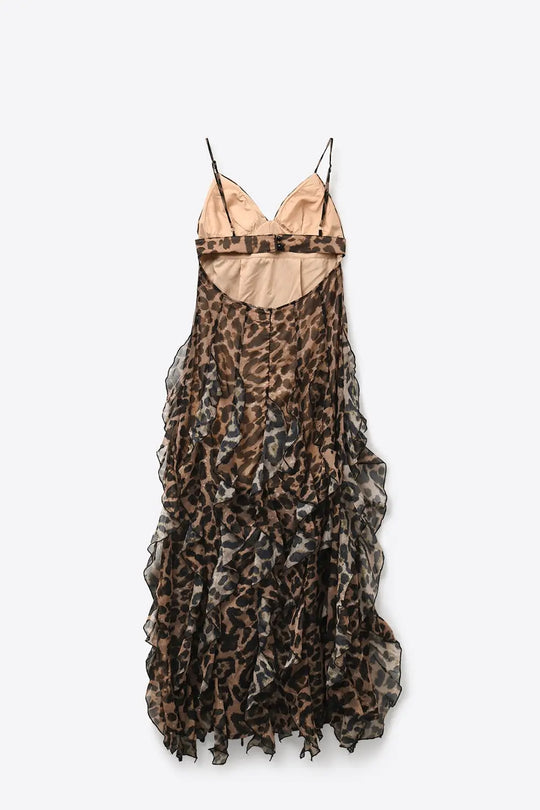 Brown Leopard Print Maxi Dress in chiffon fabric with Ruffled Hem - Dresses