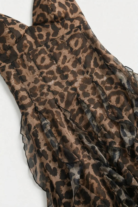 Brown Leopard Print Maxi Dress in chiffon fabric with Ruffled Hem - Dresses