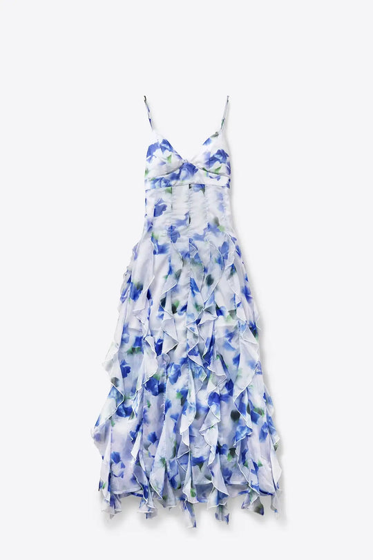 White and Blue Floral Maxi Prom Dress with Ruffles - Dresses