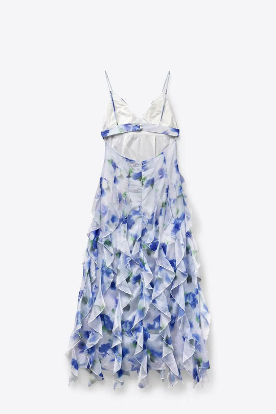 White and Blue Floral Maxi Prom Dress with Ruffles - Dresses