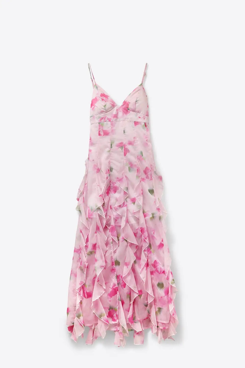 White and Pink Floral Maxi Prom Dress with Ruffles - Dresses