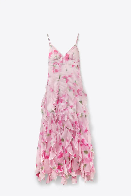 White and Pink Floral Maxi Prom Dress with Ruffles - Dresses