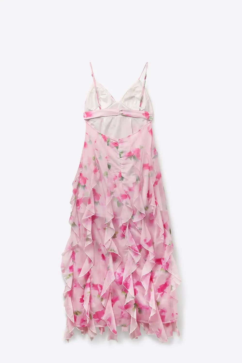 White and Pink Floral Maxi Prom Dress with Ruffles - Dresses