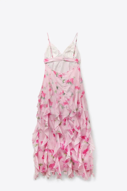 White and Pink Floral Maxi Prom Dress with Ruffles - Dresses